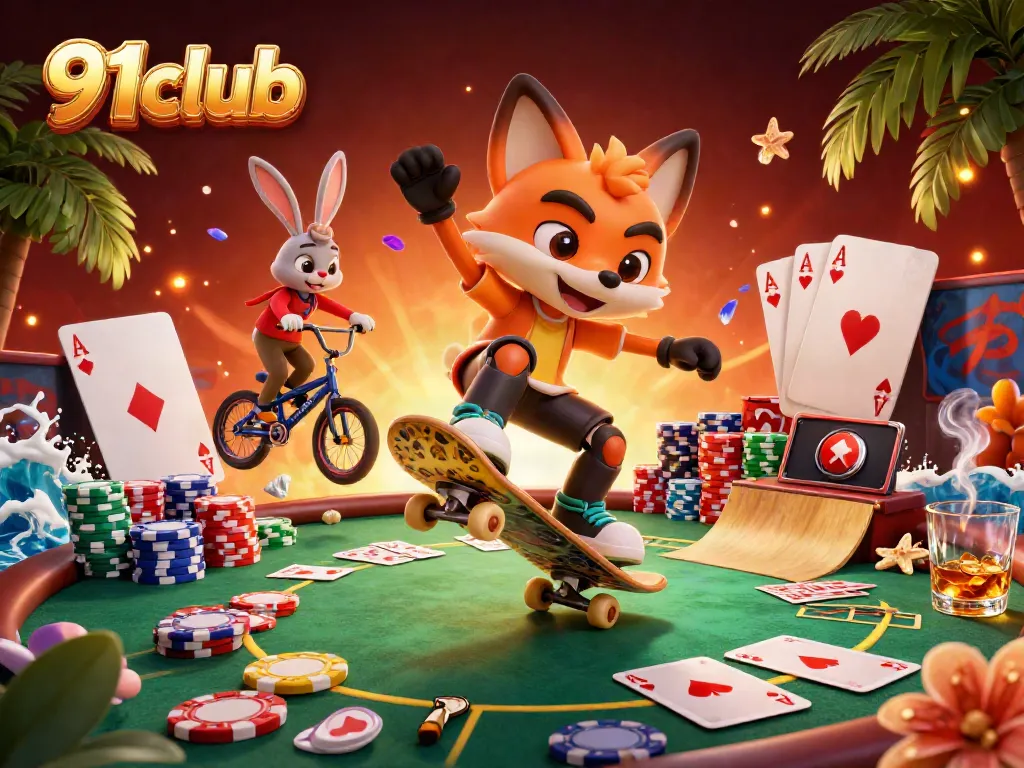 Experience thrilling gaming with 91club: cartoon fox and rabbit in vibrant casino scene