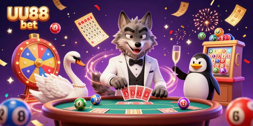 Experience excitement with UU88 bet as the debonair wolf and friends engage at a lavish baccarat table during a colorful celebration.