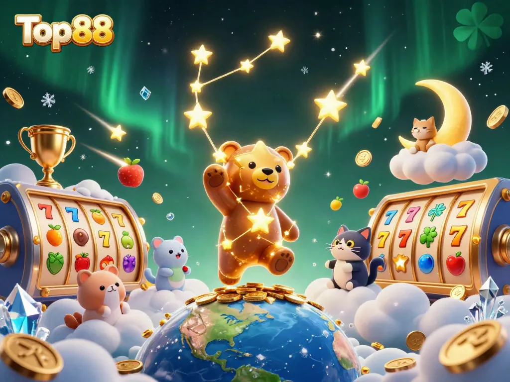 Engage with Top88's thrilling slot games, featuring a golden constellation bear and vibrant fruits.
