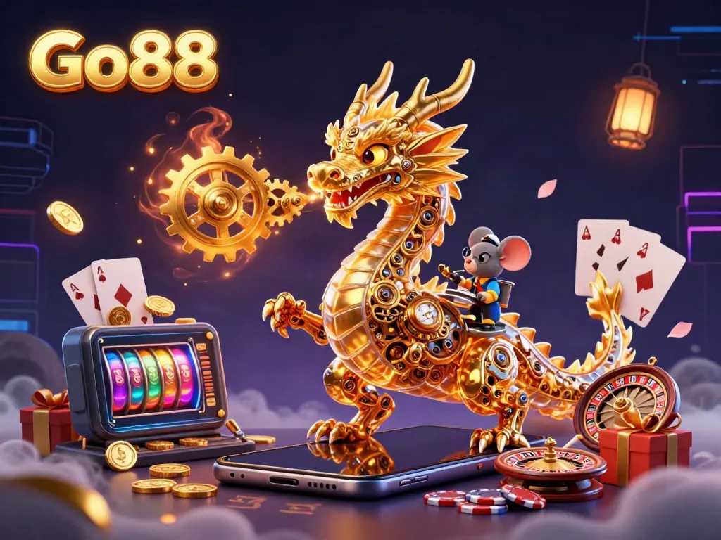 Engage with Go88's immersive slot gaming world highlighted by a biomechanical dragon and interactive gaming elements.