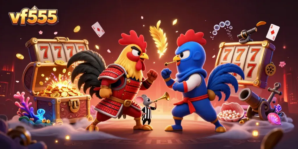Experience thrilling action with the vf555 fighting roosters in an exciting casino-themed showdown.