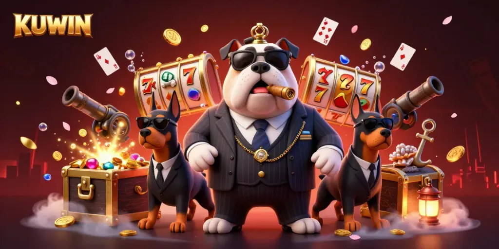 KUWIN depicts a vibrant casino atmosphere with a bulldog mafia boss and Doberman bodyguards amidst gold coins and games.