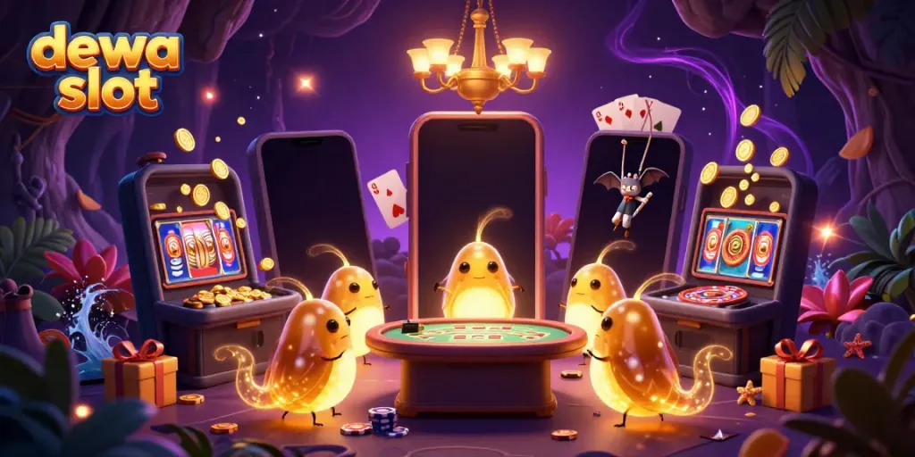 Engage with dewa slot excitement in a vibrant 3D casino scene featuring glowworms and dynamic gaming elements.