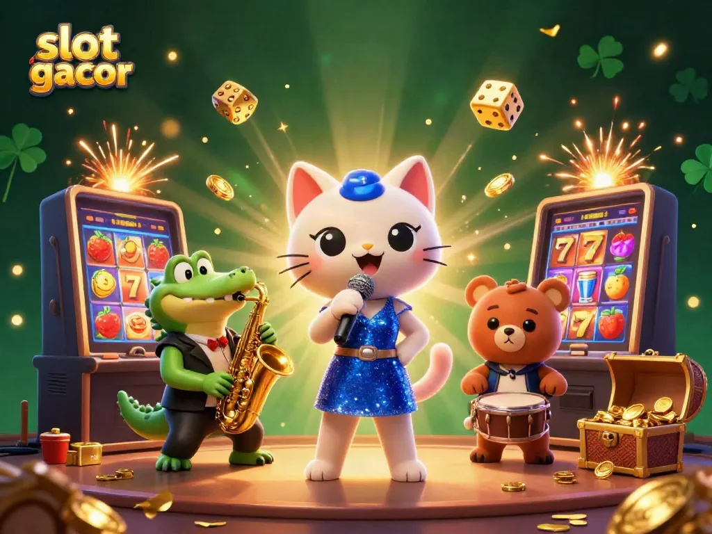 Engage with slot gacor through an exciting scene of vibrant characters and casino elements.