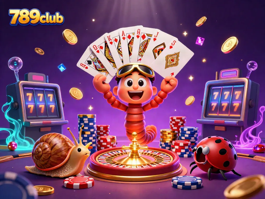 Experience the excitement of 789club with a 3D casino illustration showcasing lively characters, playing cards, and vibrant game elements.