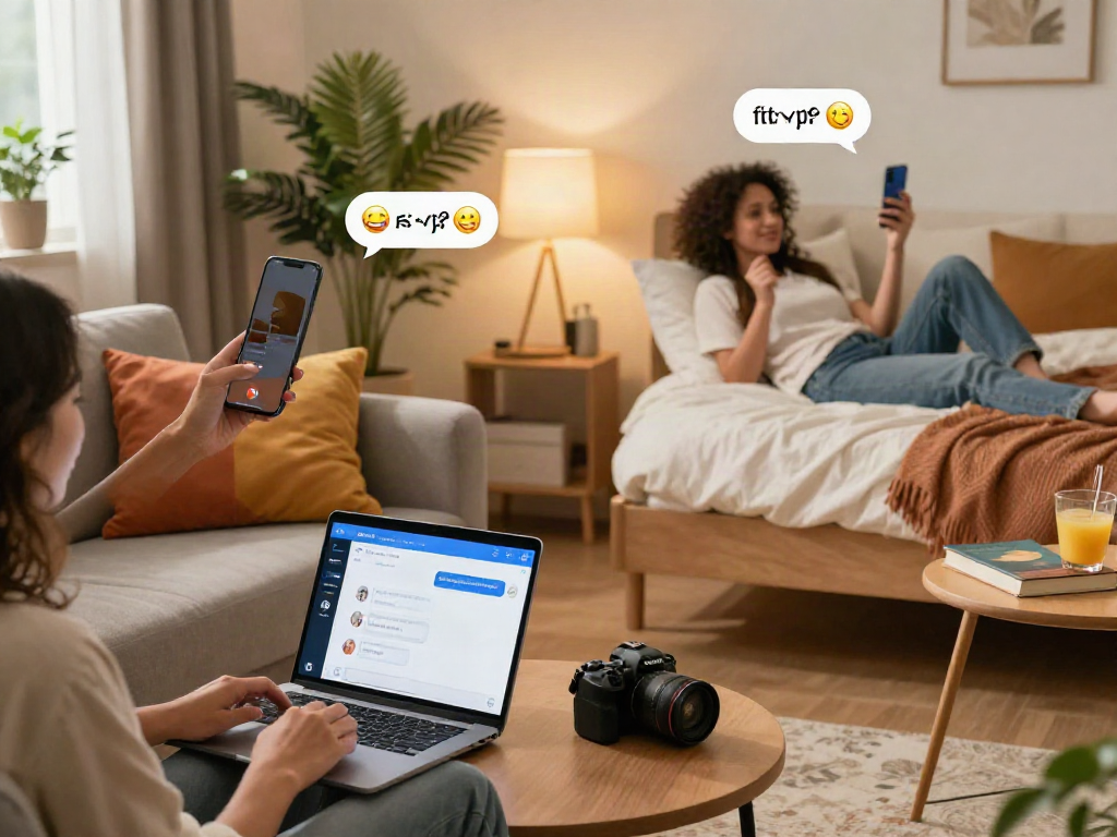 Engaging couple enjoying ai sexting with smartphones in a cozy living room setting.