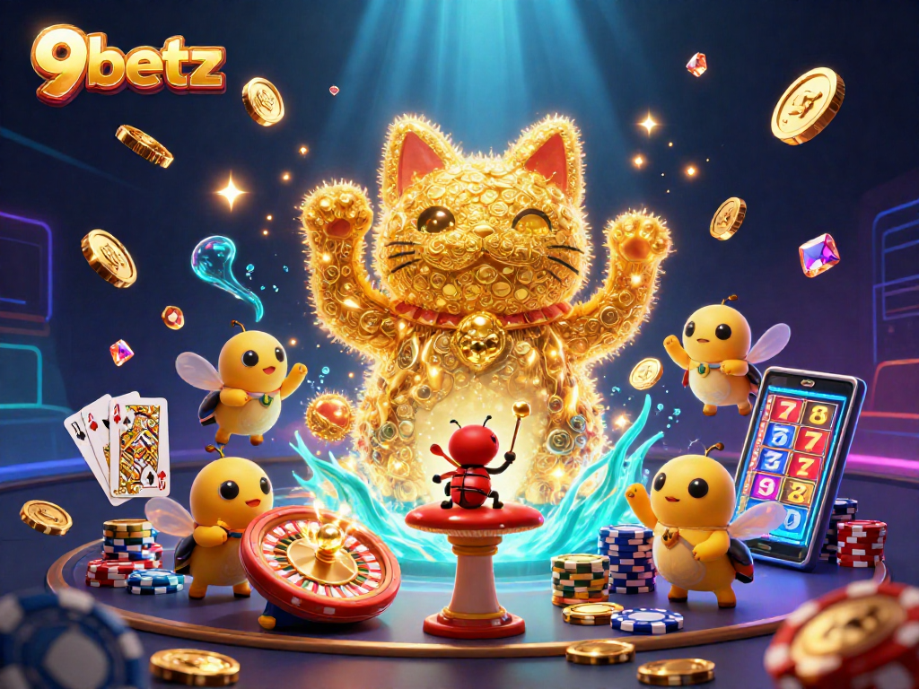 Experience the vibrant 9betz gaming world with dazzling lucky cat and casino symbols.
