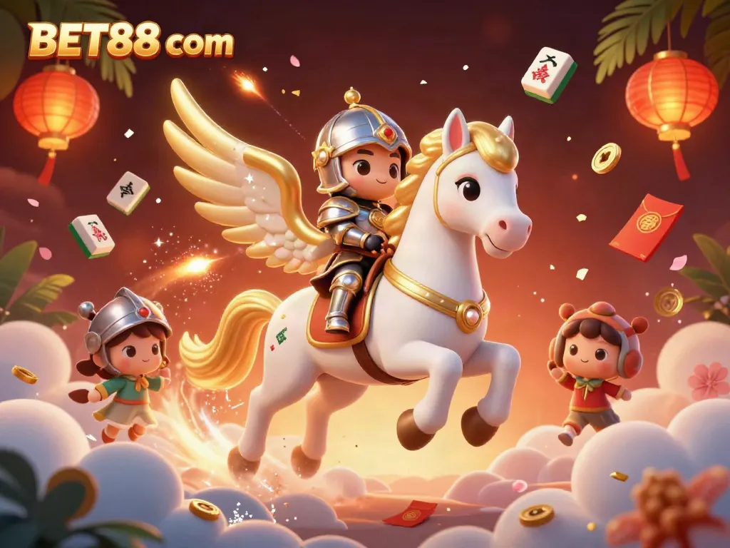 Experience the thrill of BET88 com with a dynamic 3D illustration of celestial characters amidst vibrant casino elements.