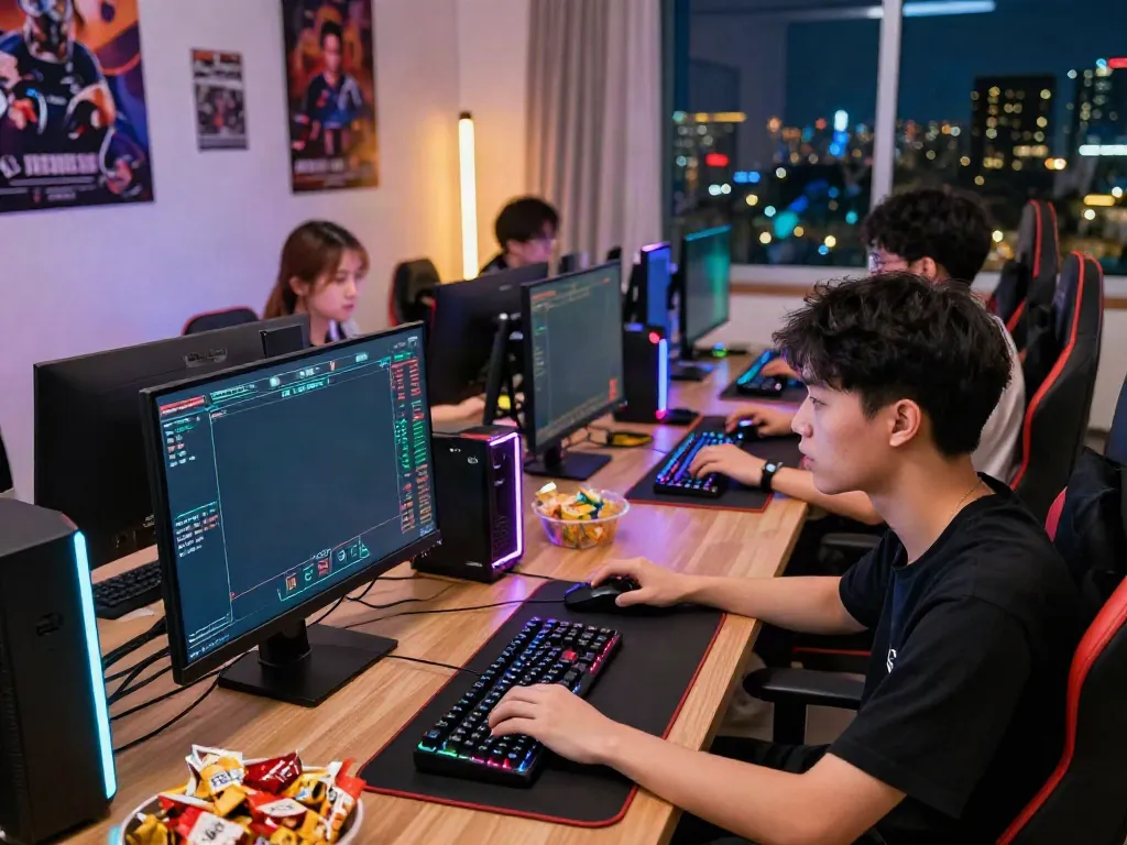 Engaged gamer on man 88 platform, multiple monitors displaying betting stats and esports.