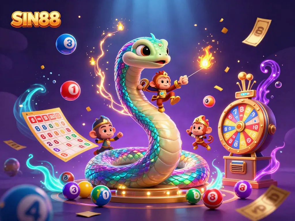 SIN88 showcases a vibrant scene of a rainbow serpent and monkey king amidst dynamic lottery elements and a magical background.