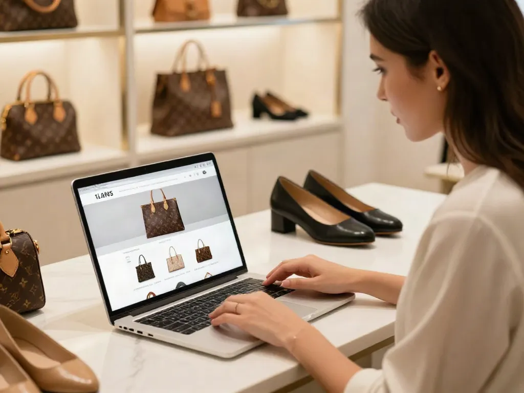 Shopping online at a premium Replica Shop featuring luxury bags and shoes.