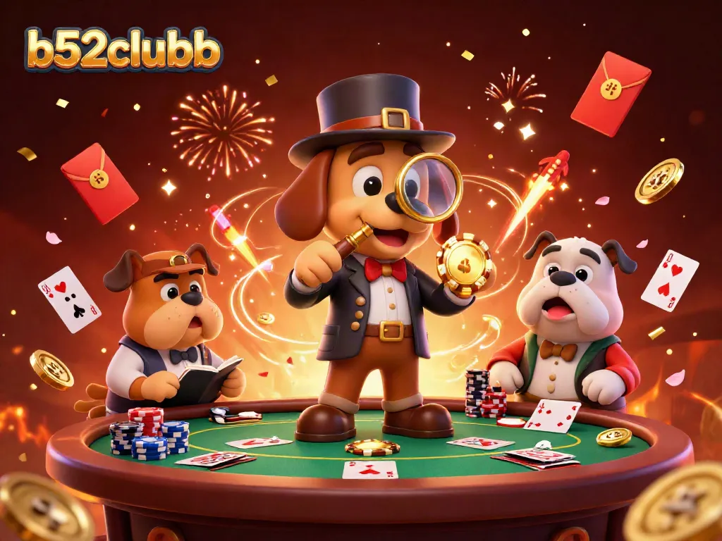 Engage in thrilling casino action with b52clubb featuring a detective and bulldog amidst poker chips and cards.
