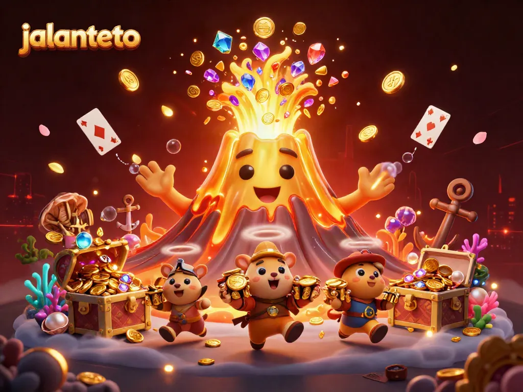 Experience gaming excitement with jalantoto's golden volcano erupting treasure in a vibrant casino scene.