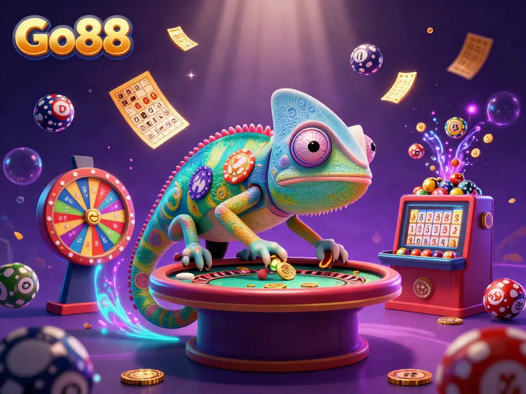 Engage with Go88's vibrant casino fantasy, featuring a chameleon owner collecting golden coins.