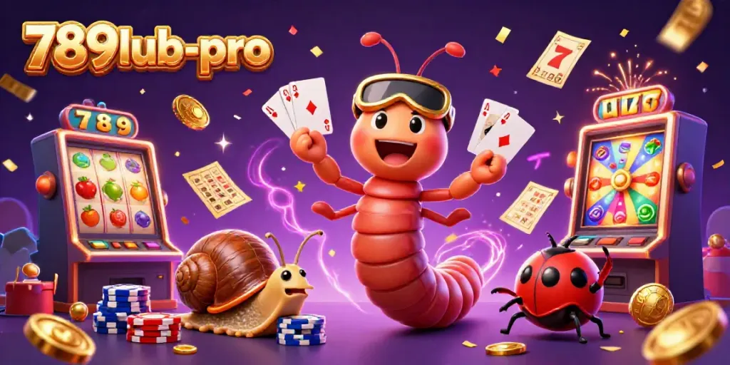 Experience the excitement of 789lub-pro with a vibrant casino scene featuring unique characters, colorful slot reels, and a celebratory atmosphere.