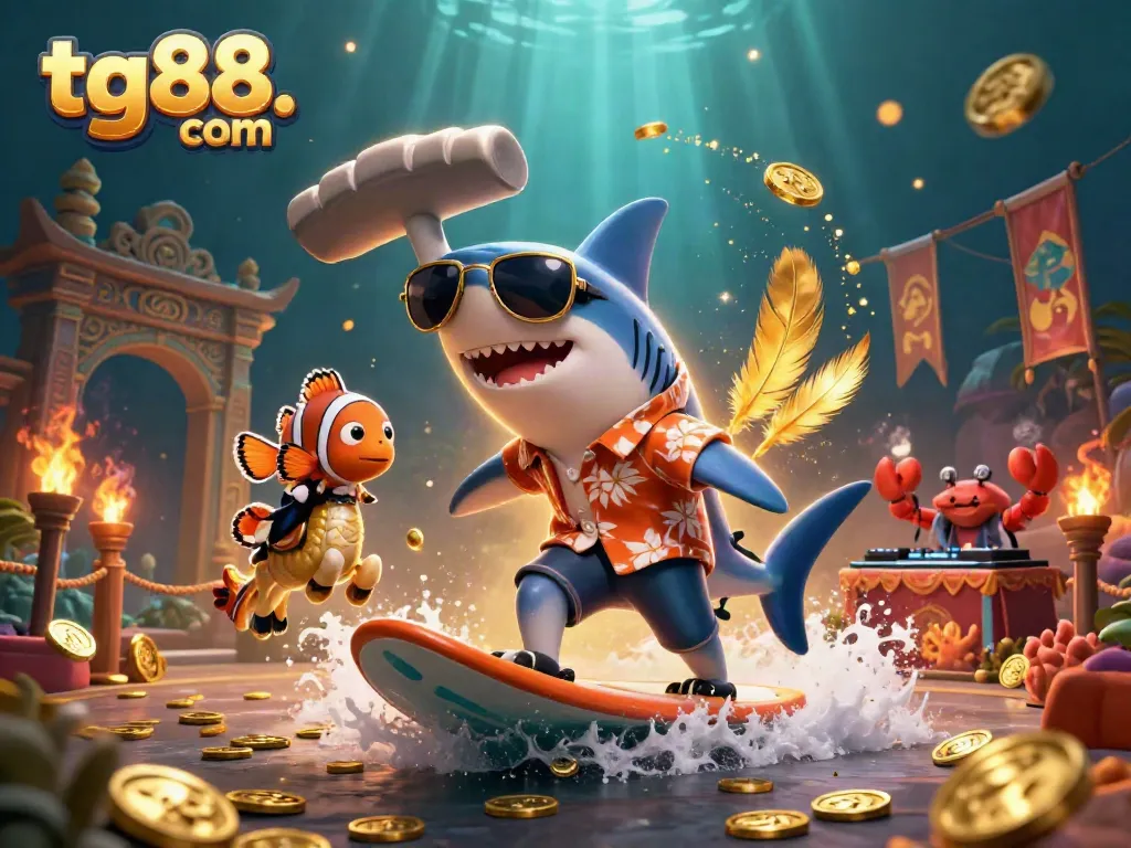 Experience thrilling casino action at tg88. com with this vibrant underwater gambling scene featuring a shark and friends.
