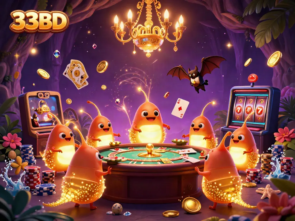 Experience the thrill of 33BD casino with vibrant glowworms lighting the game tables.