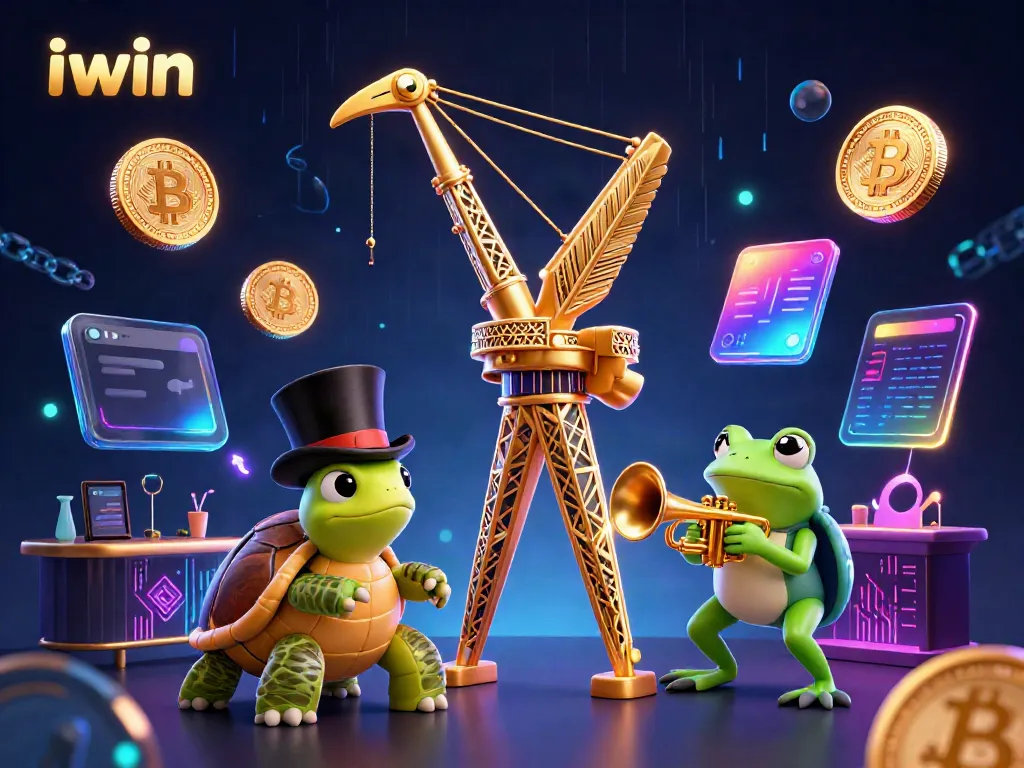 iwin showcases a vibrant scene with characters celebrating a gaming win amidst glowing crypto effects.