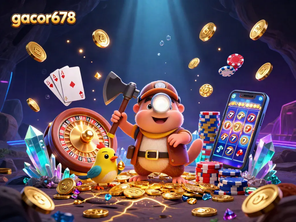 Experience big wins with gacor678 as treasure hunter mole discovers gems and golden coins in a vibrant casino cave.