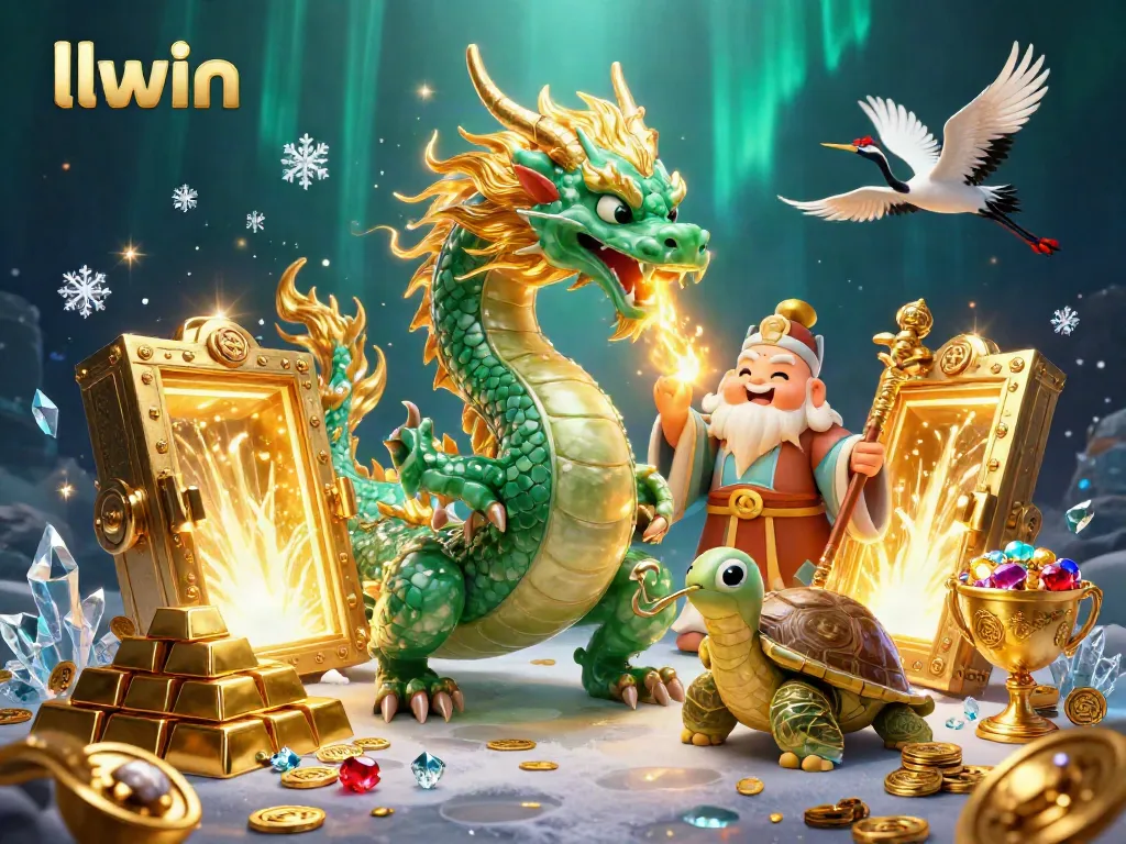 Experience the thrill of llwin's gaming world, featuring a jade dragon and vibrant treasures.