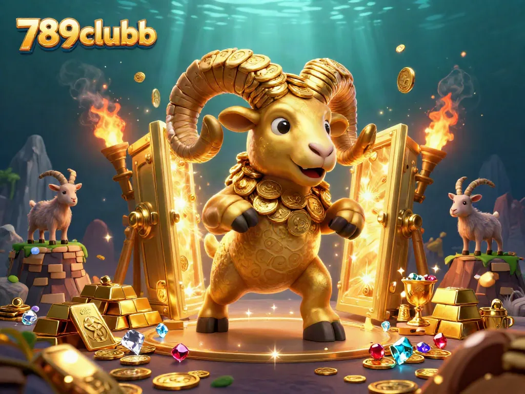 Experience the 789clubb excitement with a massive golden ram charging through a treasure vault scene.
