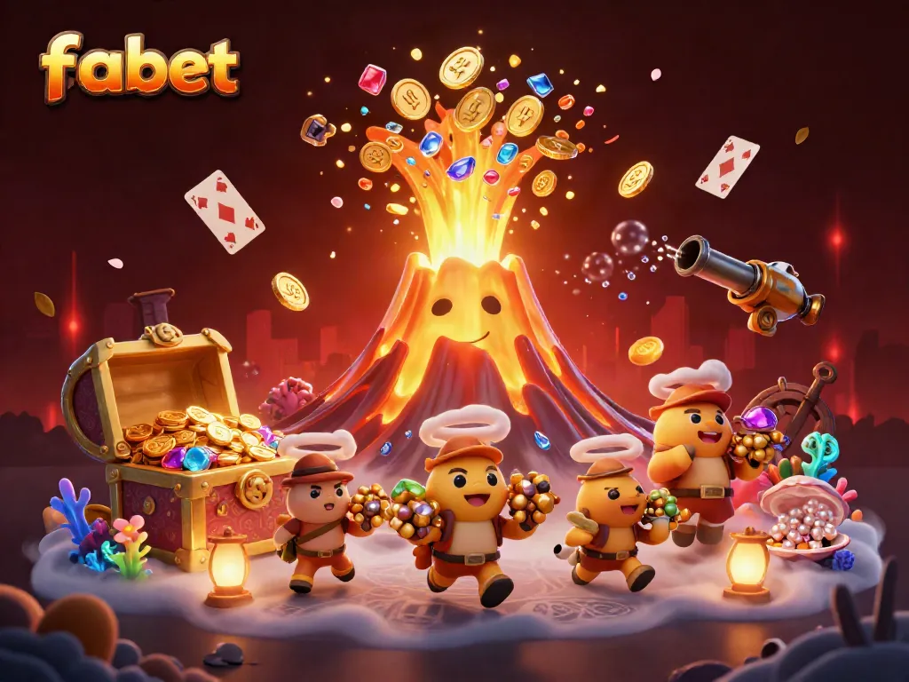 Engage with FABET's thrilling casino adventure featuring a golden volcano and treasure-filled exploration.