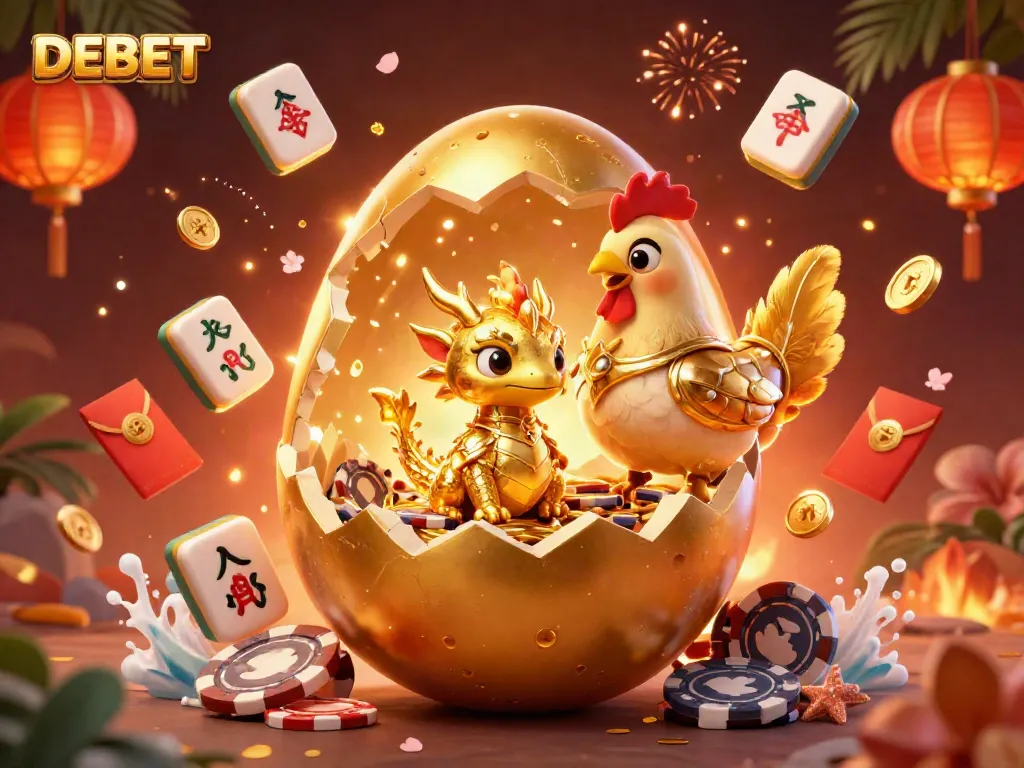 Engage in thrilling gaming with DEBET's captivating elements featuring a golden dragon and poker chips.