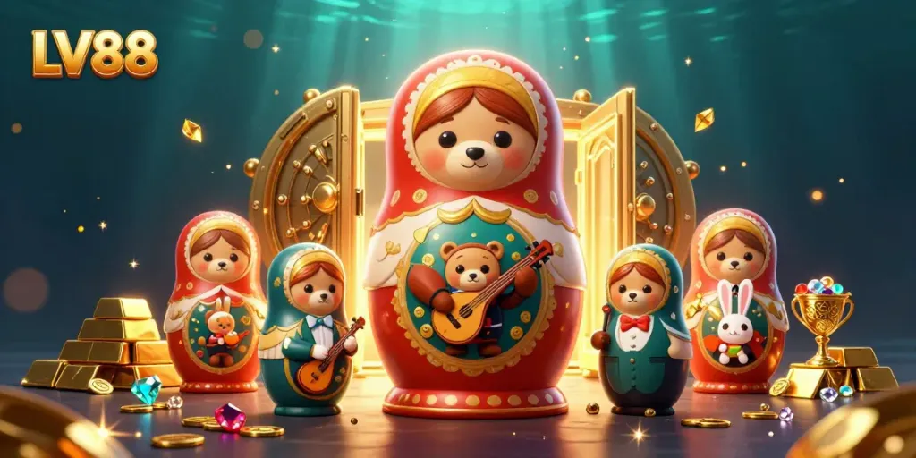 LV88 showcases a lively scene with casino-themed Matryoshka dolls, gold treasures, and vibrant gems.