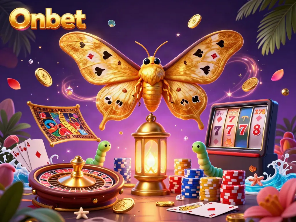 Engage with Onbet's vibrant casino world featuring an atlas moth, golden coins, and a roulette wheel.