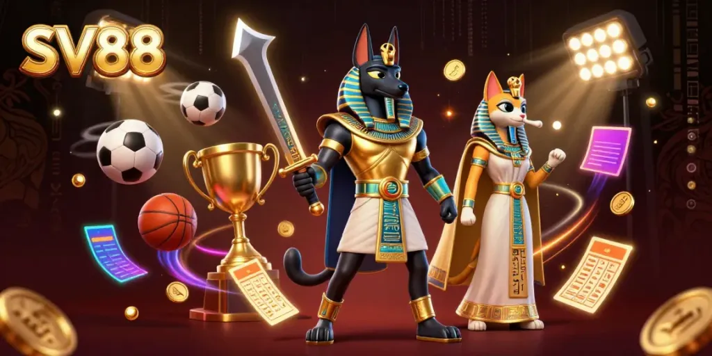 SV88 promotes online gaming excitement with dynamic sports elements and ancient Egyptian characters.
