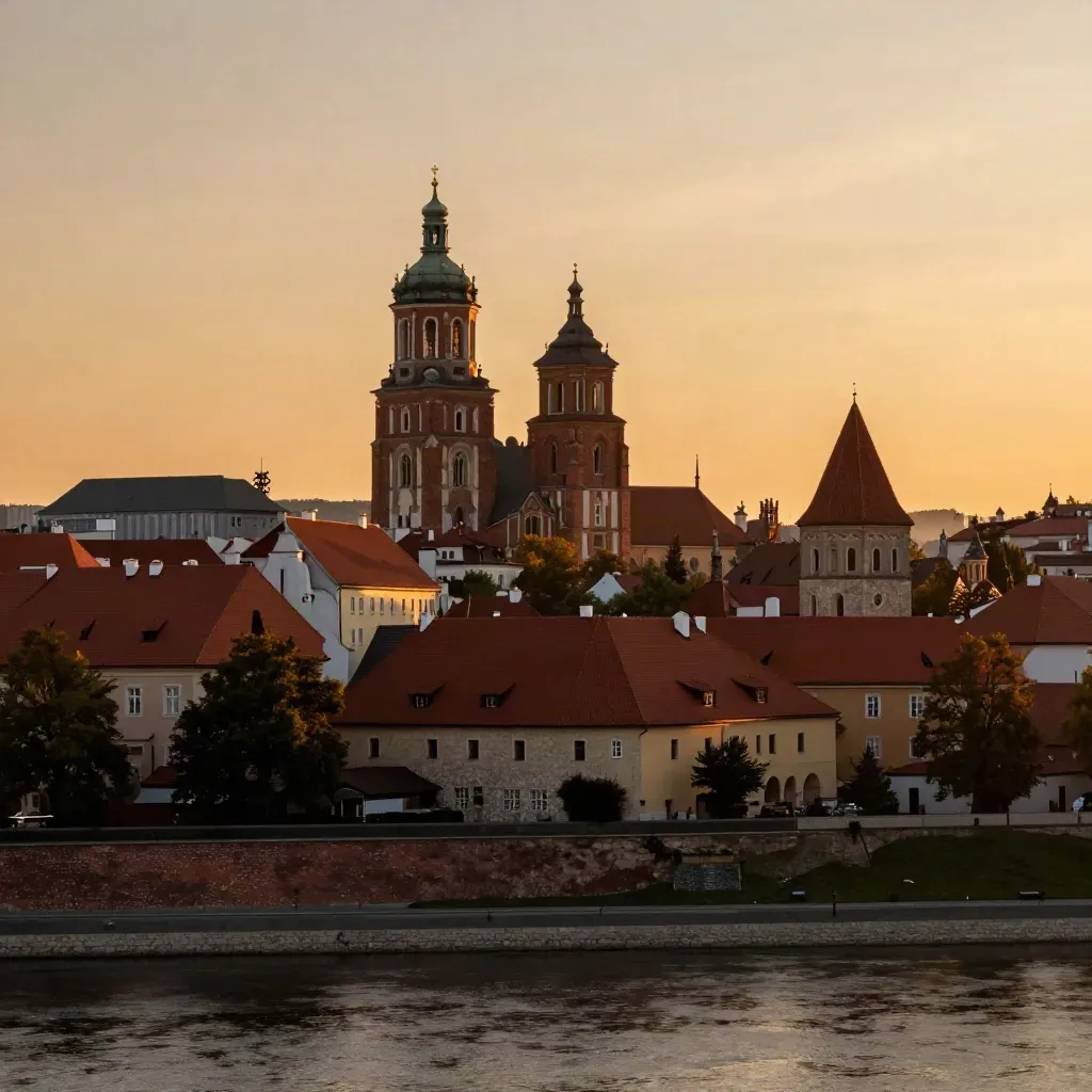 Wawel i stare dachy Krakowa o zachodzie nad Wisłą