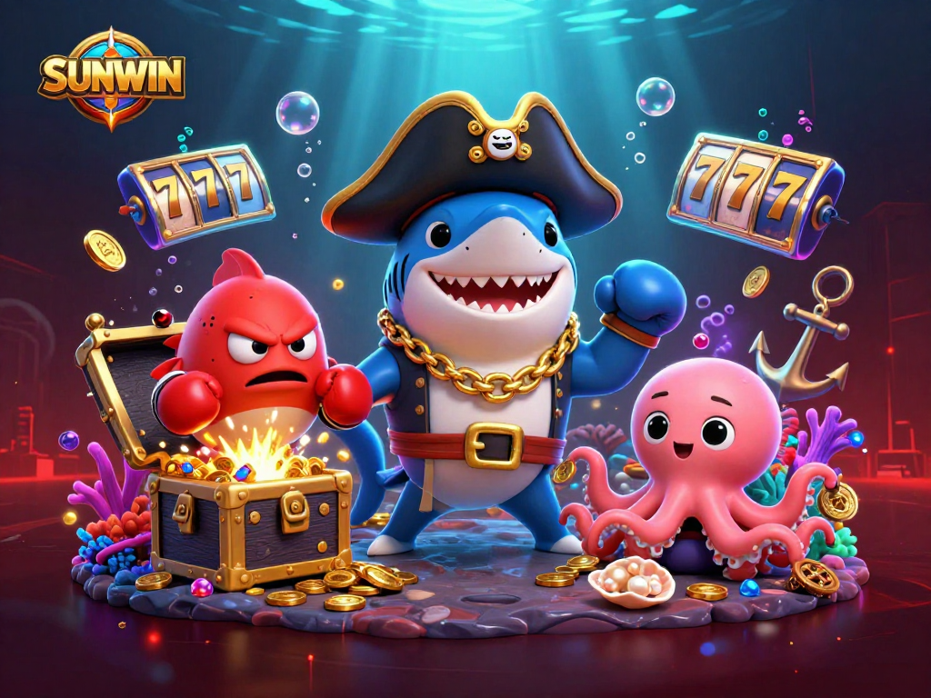 SUNWIN showcases a thrilling underwater casino scene with a cartoon shark, pufferfish, and octopus surrounded by slot reels and treasure.