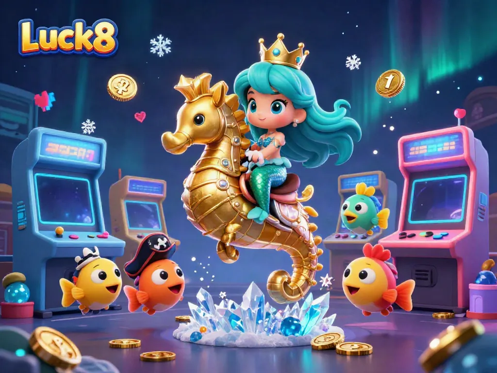 Luck8 showcases a vibrant casino scene featuring a mermaid princess riding a seahorse, surrounded by colorful gaming elements.