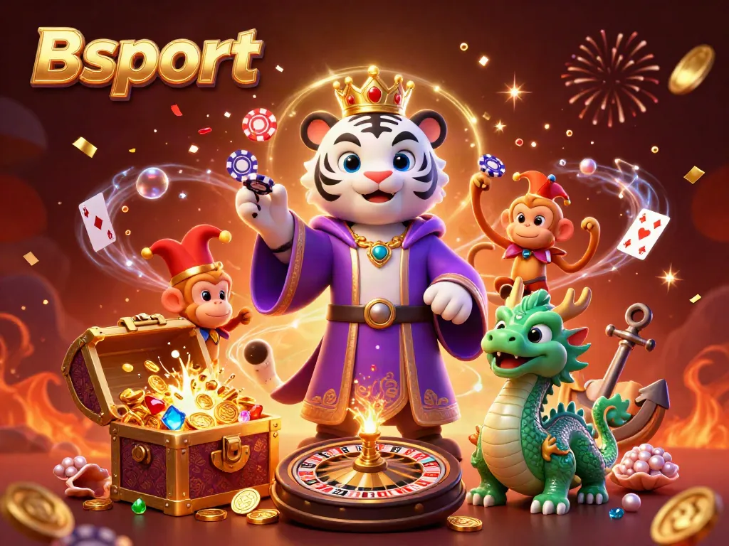 Experience thrilling wins at Bsport with a lively 3D illustration of a tiger, monkey, and dragon amidst casino elements.