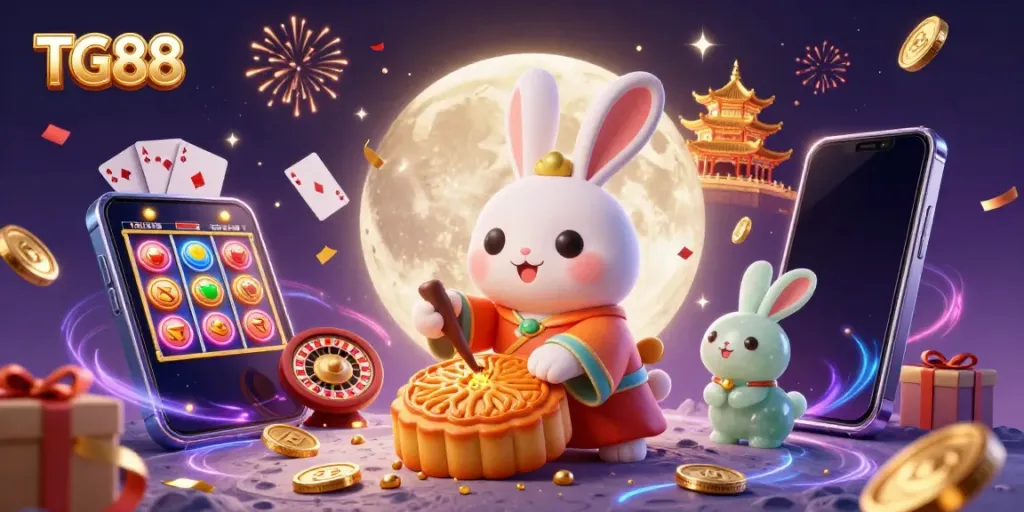 Experience thrilling online gaming with TG88's vibrant 3D lunar casino scene featuring moon rabbits and poker chips.