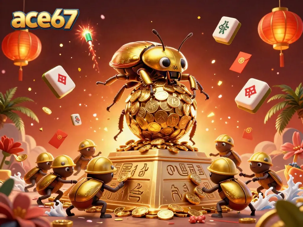 Experience the vibrant action of ace67 gaming with a golden beetle rolling coin-filled treasures in a dynamic casino scene.