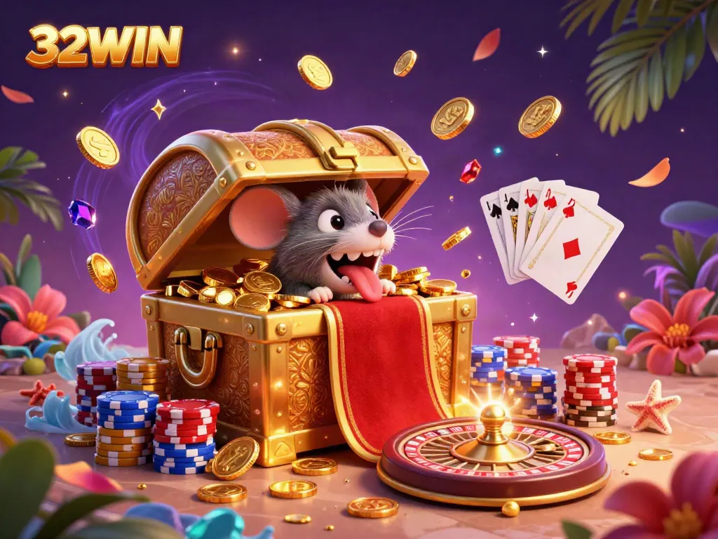 Spin to win with 32WIN as treasure chests, cards, and coins create a lively casino atmosphere.