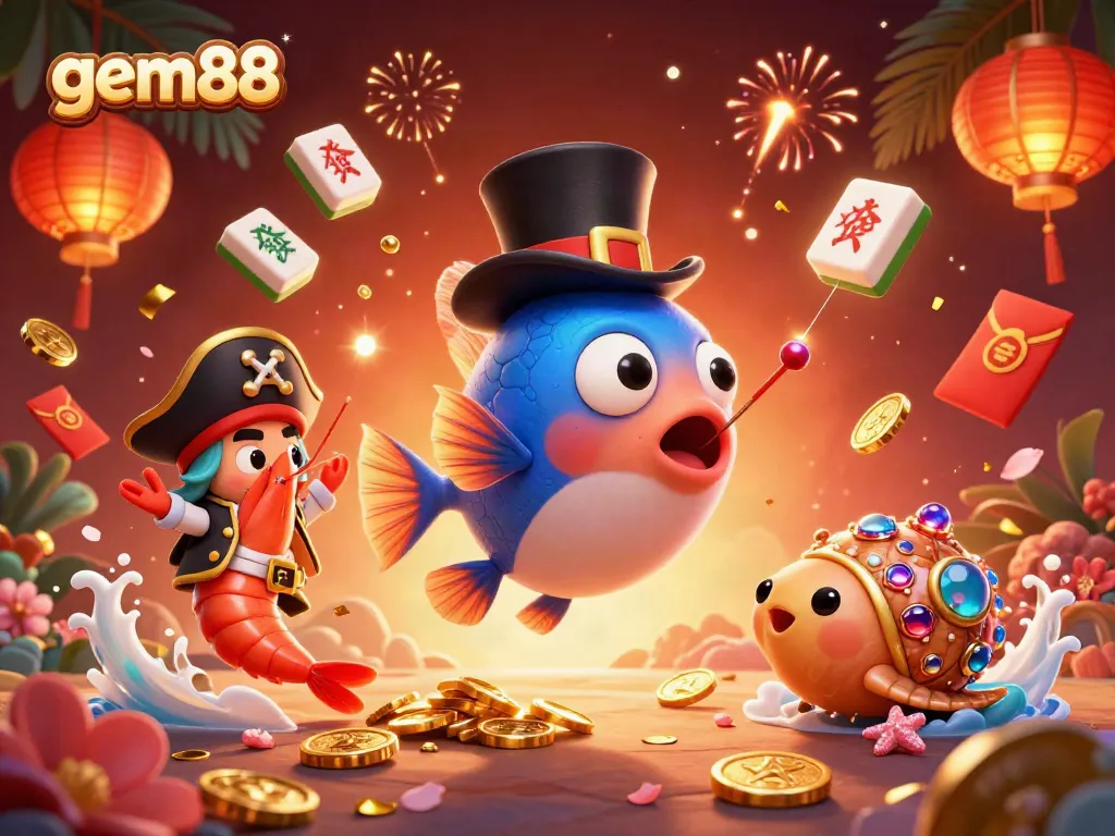 Join gem88 to win golden coins with an anglerfish and pirate shrimp in a dynamic casino scene.