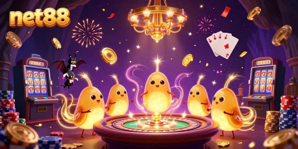 Experience the thrill of net88's vibrant casino scene featuring glowworms lighting the way amid coins and cards.