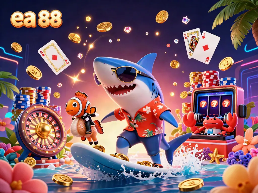 Join the fun at ea 88 with a vibrant 3D scene of a hammer-head shark surfing on gold coins!