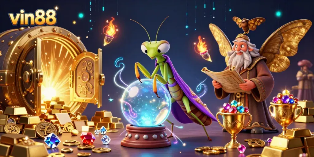 Engage with vin88's dynamic gaming experience, exploring interactive slots with vibrant characters and treasures.