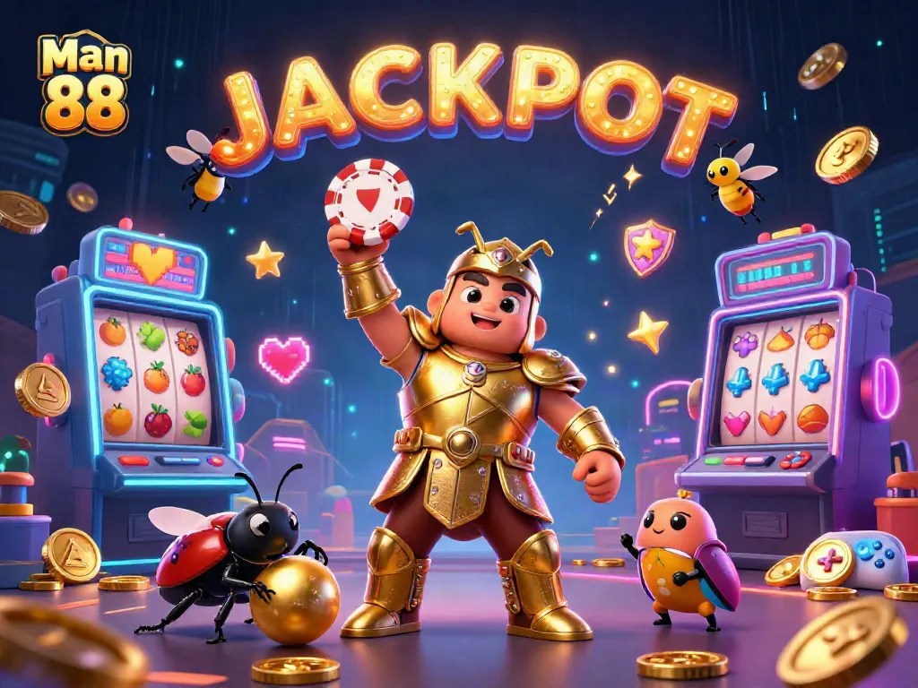 Experience the thrill of Man 88 with a jackpot celebration in a vibrant casino scene.