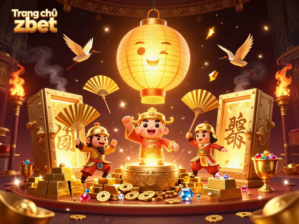 Engage in thrilling gaming at Trang chủ zbet, surrounded by golden treasures and vibrant characters.