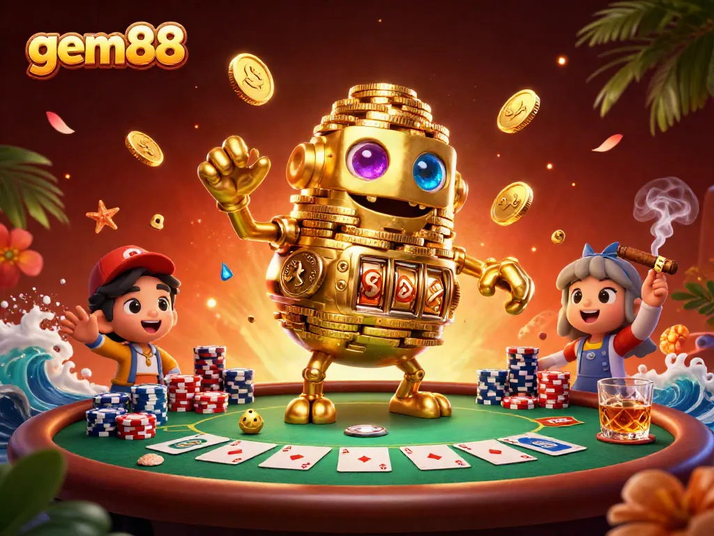 Experience gem88's exciting poker scene with a golden golem amidst vibrant casino elements.