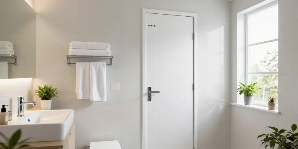 Stunning Pintu uPVC kamar mandi installed in a contemporary bathroom, emphasizing durability and elegance.