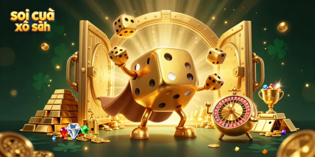 Engage with the vibrant scene highlighting the artistry of soi cầu xổ số, featuring lively golden dice and treasure elements.