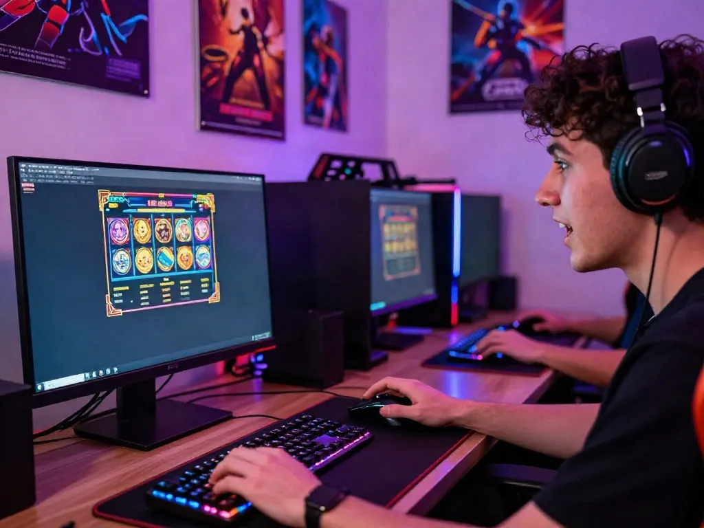 Engaging scene of a player enjoying slot gacor hari ini on a gaming laptop, highlighting accessories and vibrant atmosphere.