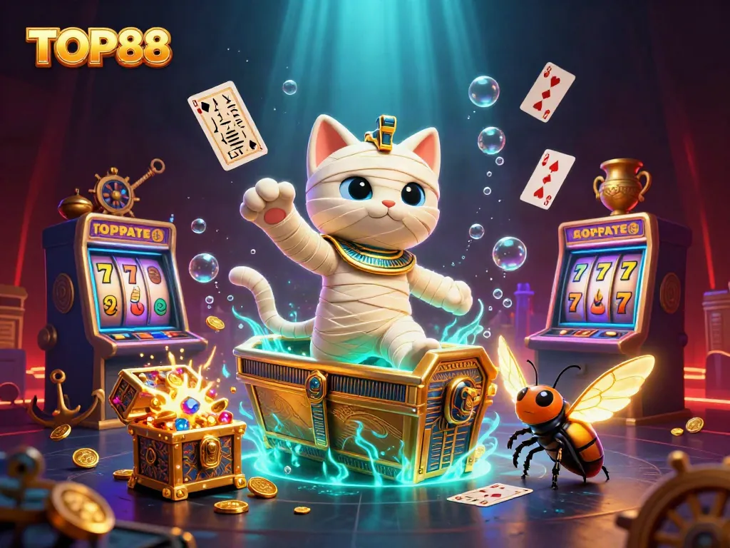 TOP88 engages players in a vibrant casino scene with a mummy cat, slot machines, and golden treasures.