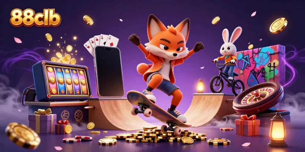 Experience thrilling fun with 88clb in a vibrant 3D gaming scene featuring animated characters and casino elements.