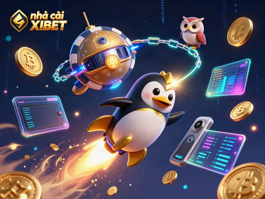 Engage with fun games at nhà cái XIBET, featuring a dynamic cartoon scene of a golden penguin and crypto elements.